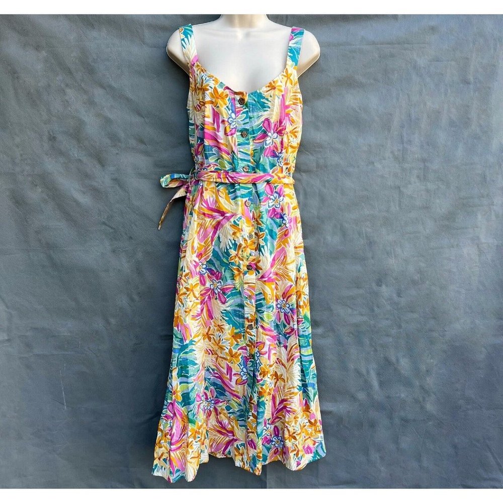 Le Bain Par Molly Bracken Button Front Floral Tropical Midi Sun Dress L Casual - Picture 1 of 8